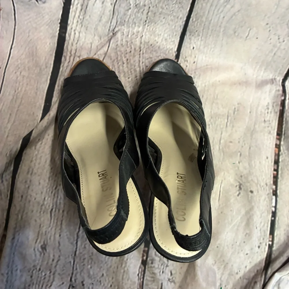 Black Caged Boho Chic Strappy Platform Slingback Faux Wood Block Heel Sandals 9